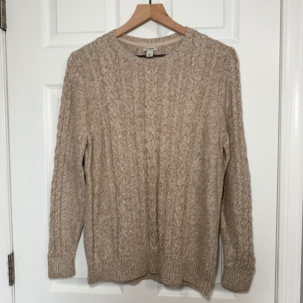 LL Bean xl cable knit fisherman chunky tan beige marl crewneck sweater preppy